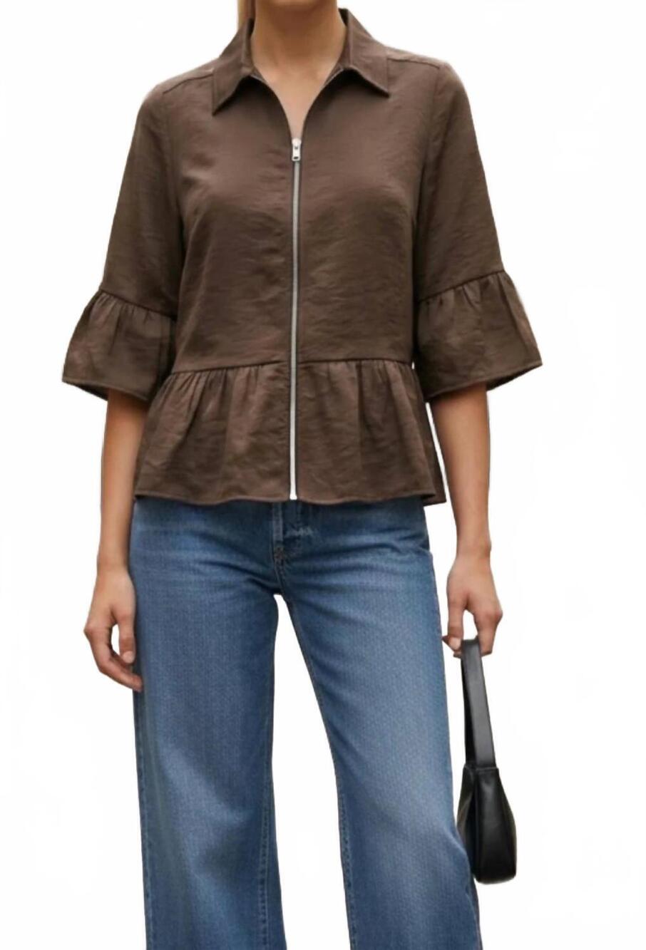 NEW VAVA ruffle zip jacket blouse in chocolate